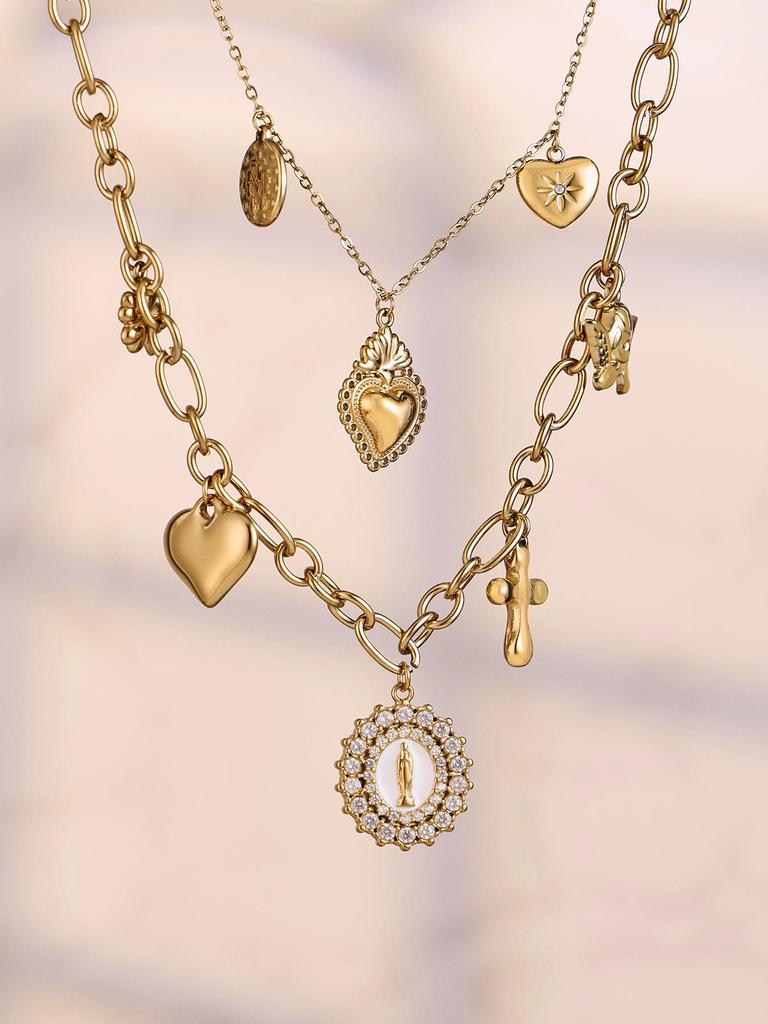 Summer Beach Series: DIY Stainless Steel Pendant Necklace - Cross, Heart, Flower, Queen Card, Zircon Clavicle Chain