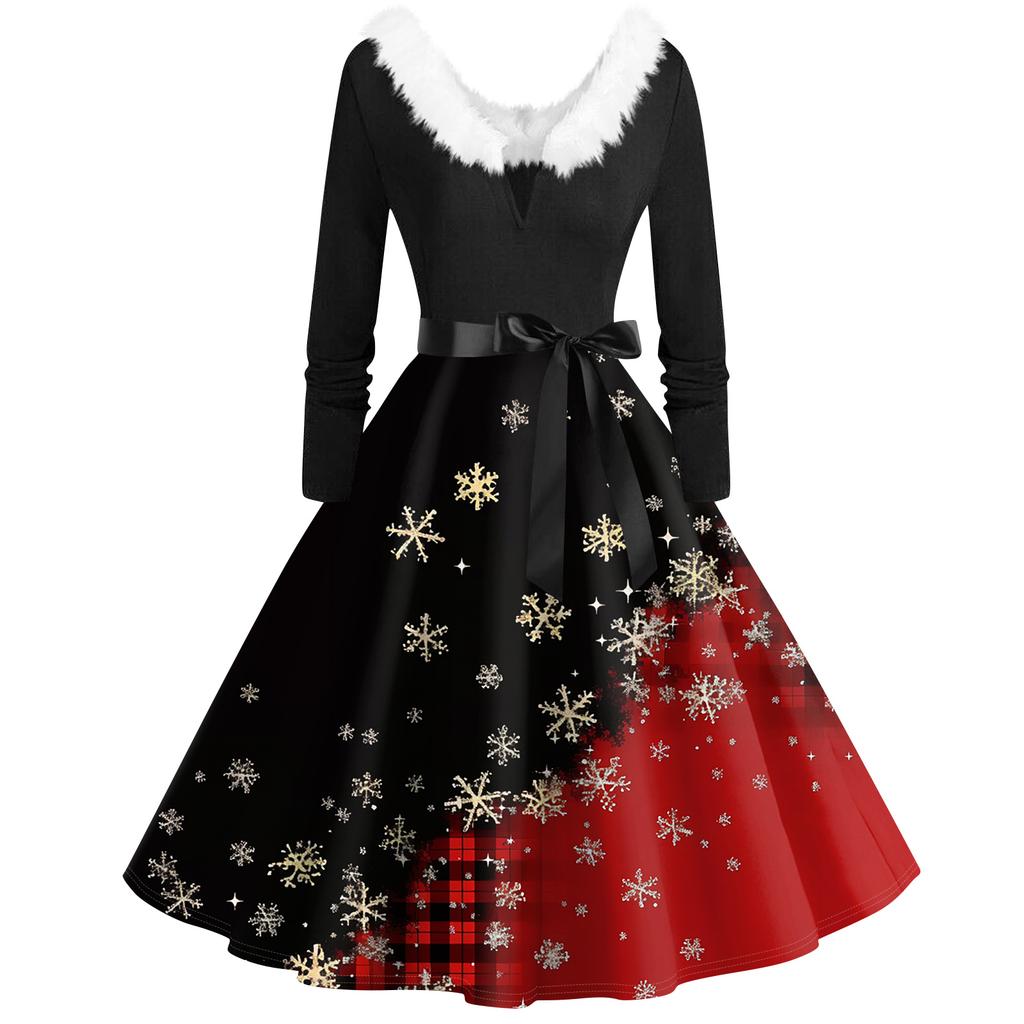 Women's Fashion V-Neck Casual Slim Christmas Printed Long Sleeve Hair Collar Dresses