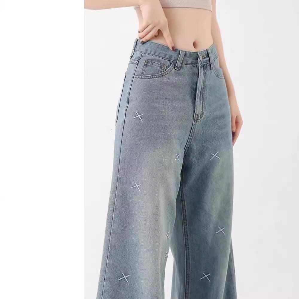 Damen Wide-Leg Jeans mit leichter Stickerei, hoher Taille - Übergröße, Slim Fit