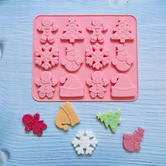 Christmas Silicone Mold 12 Cavities Snowman Tree Hat Cookie Man Non-stick Food Grade Easy Release DIY Fondant
