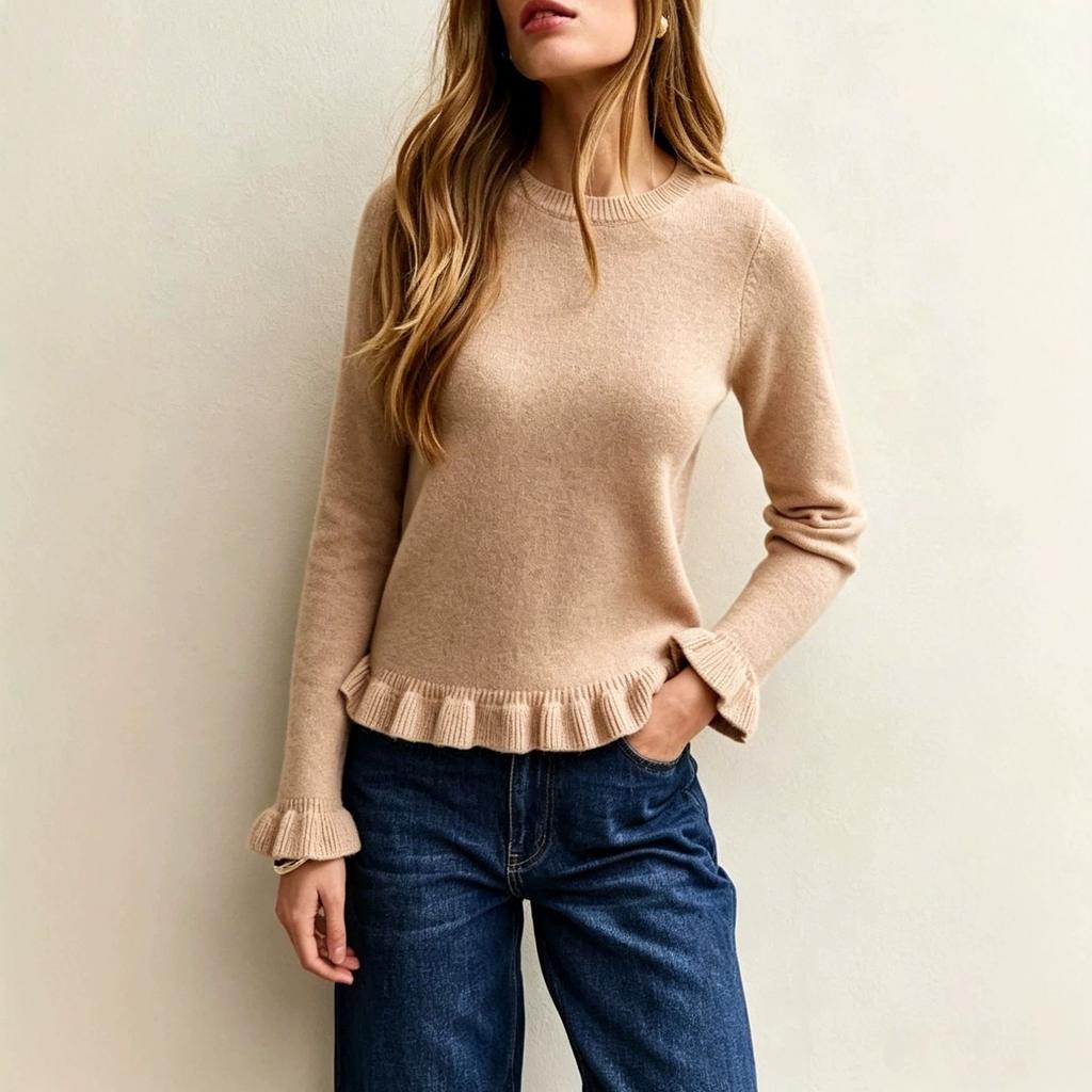 VEZFAA Women's Fashion Casual Fall Winter Solid Color Print Long Sleeve O-Neck Sweaters