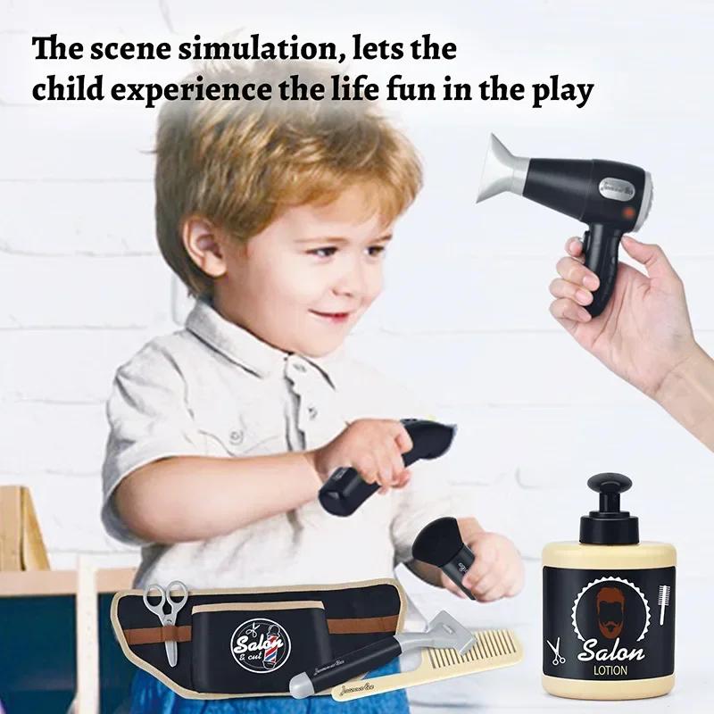 Kids Barber Role Play Set For Boys Girl Pretend Play Hair Salon Shaving Kit Toys Fashion Makeup Toy Dress Up Game Birthday Gifts