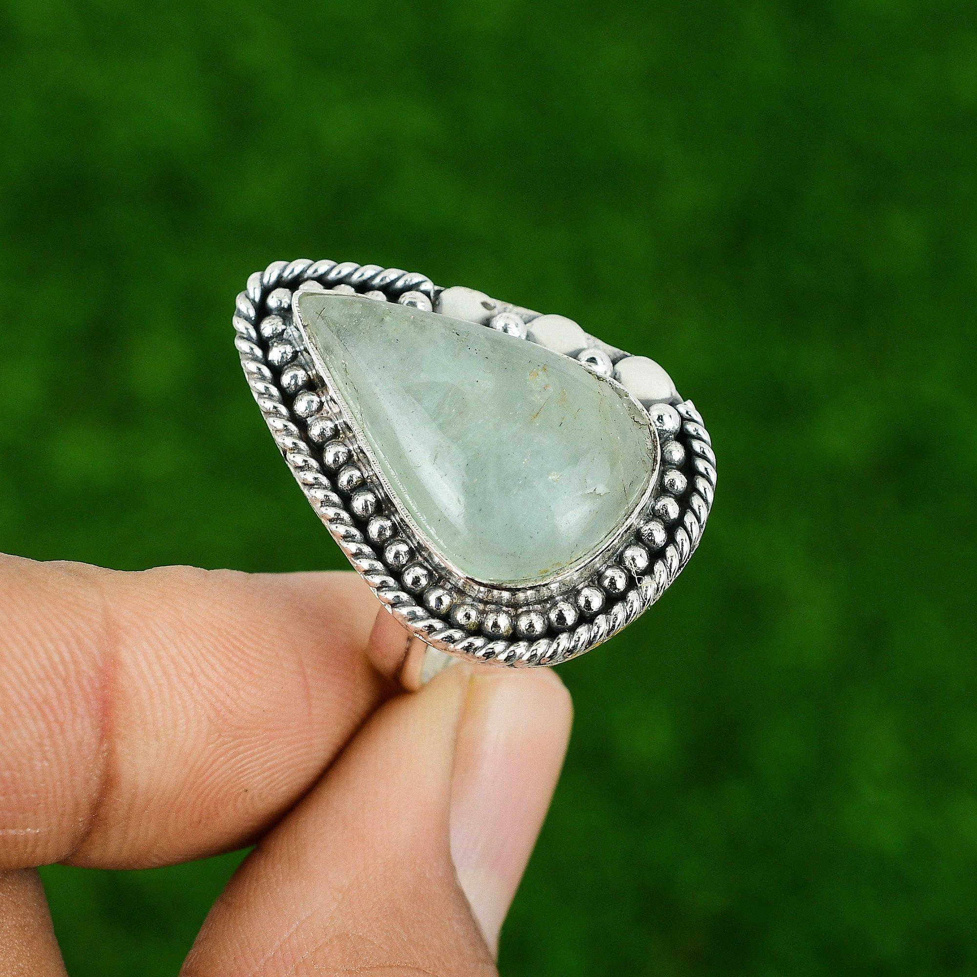 

Pear Aquamarine Gemstone Boho Anniversary Birthday New Ring 925 Sterling Silver Adjustable