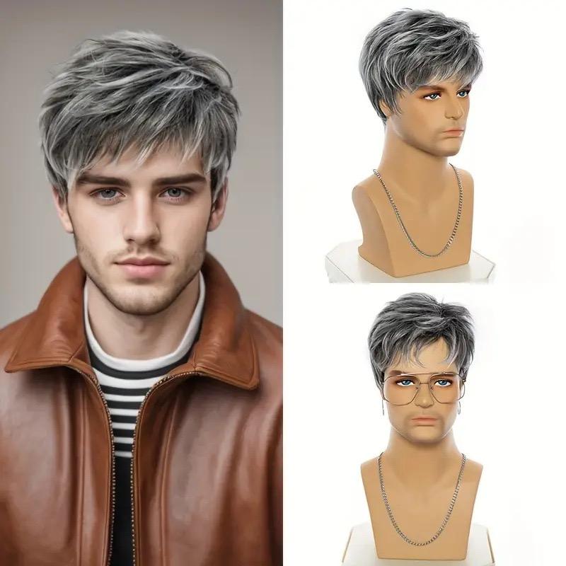 

Gray Short Synthetic Wig, Men s Layered Straight Wig with Bangs for Daily Wear