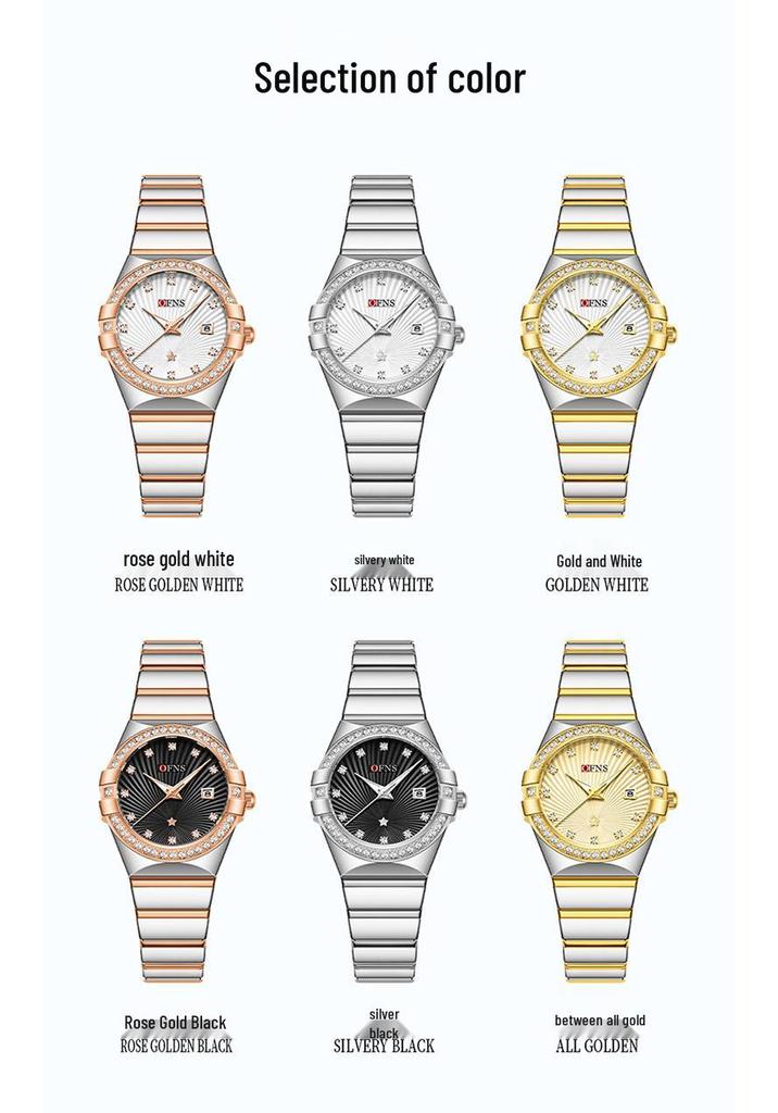 OFNS Women's Luxury Quartz Watch: Diamond-Inlaid Round Dial, Calendar, Waterproof, Luminous, Elegant Design.
