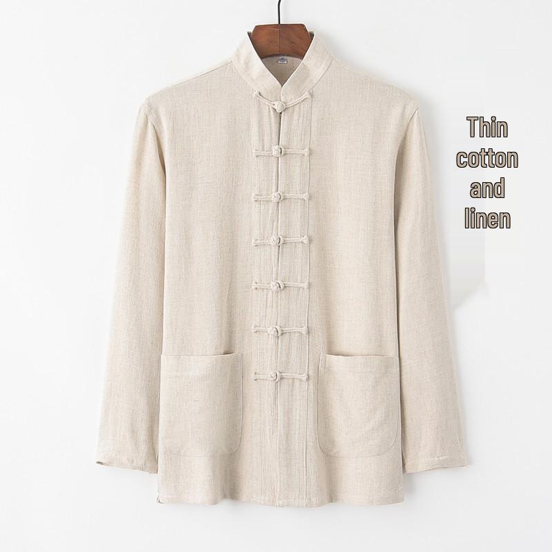 Costume Tang en Coton Lin à Manches Longues pour Homme: Style chinois rétro, Coupe ample pour personnes d'âge moyen et âgées, Parfait pour le Tai Chi.