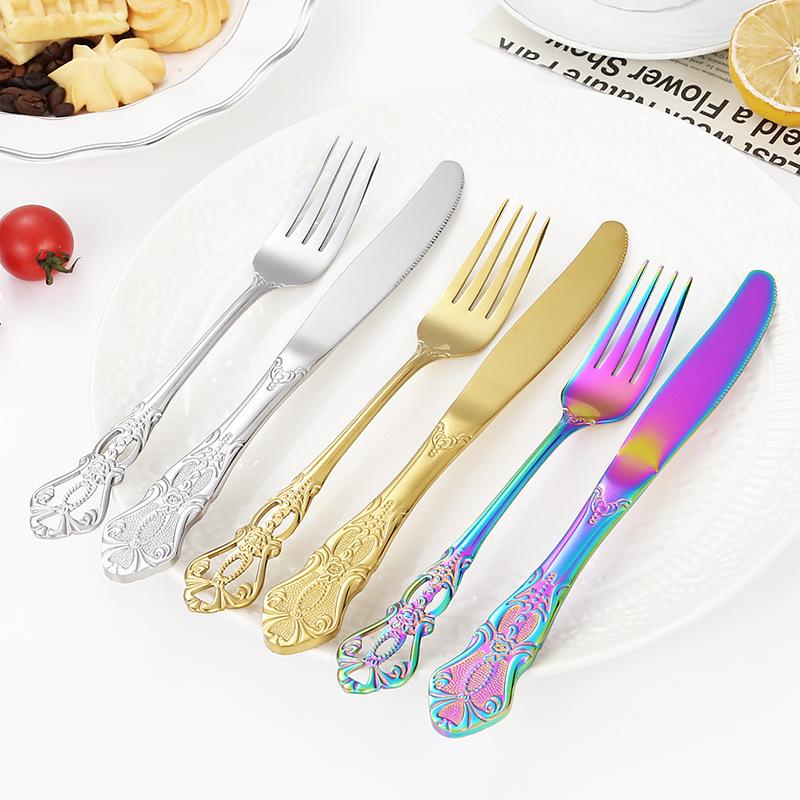 Elegant Stainless Steel Cutlery Set: Royal Court Embossed Steak Knife, Fork & Dessert Spoon for Western Cuisine
