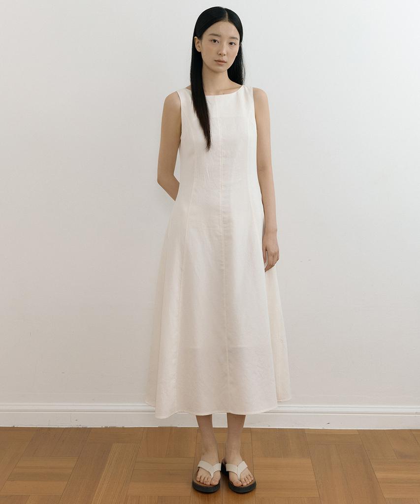 Lingseoul Linen Sleeveless Boat Neck Long Flare Dress-Ivory