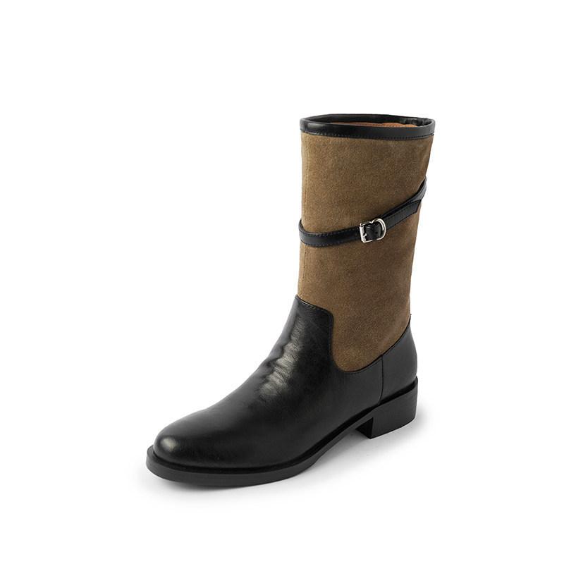 Songdo white tea~! Medium tube color matching knight boots belt buckle round head thick heel stacked short boots