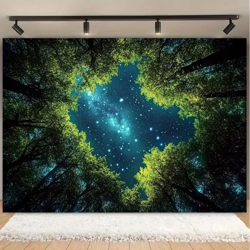 2D Magical Starry Forest Tapestry, Galaxy Sky Peeking Through Tree Branches Wall Hanging