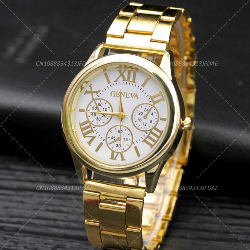 

Vintage Brand Quartz Movement 3 Eyes Gold Geneva Casual Watch Women Stainless Steel Dress Wristwatch Ladies Clock