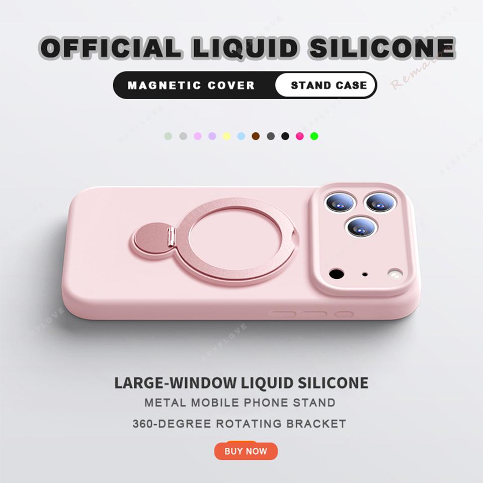 Liquid Silicone Magnetic Phone Bracket Case For iPhone 17 13 14 15 16 Pro Max Air Plus Magsafe Stand Holder Protector Cover