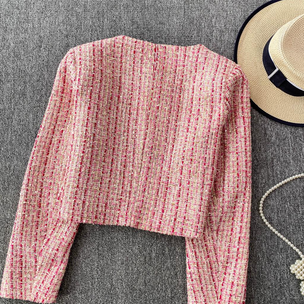 Autumn Winter Women Elegant Little Fragrant Wind Full Sleeve Single Breasted Plaid Tweed Short Jacket Coat