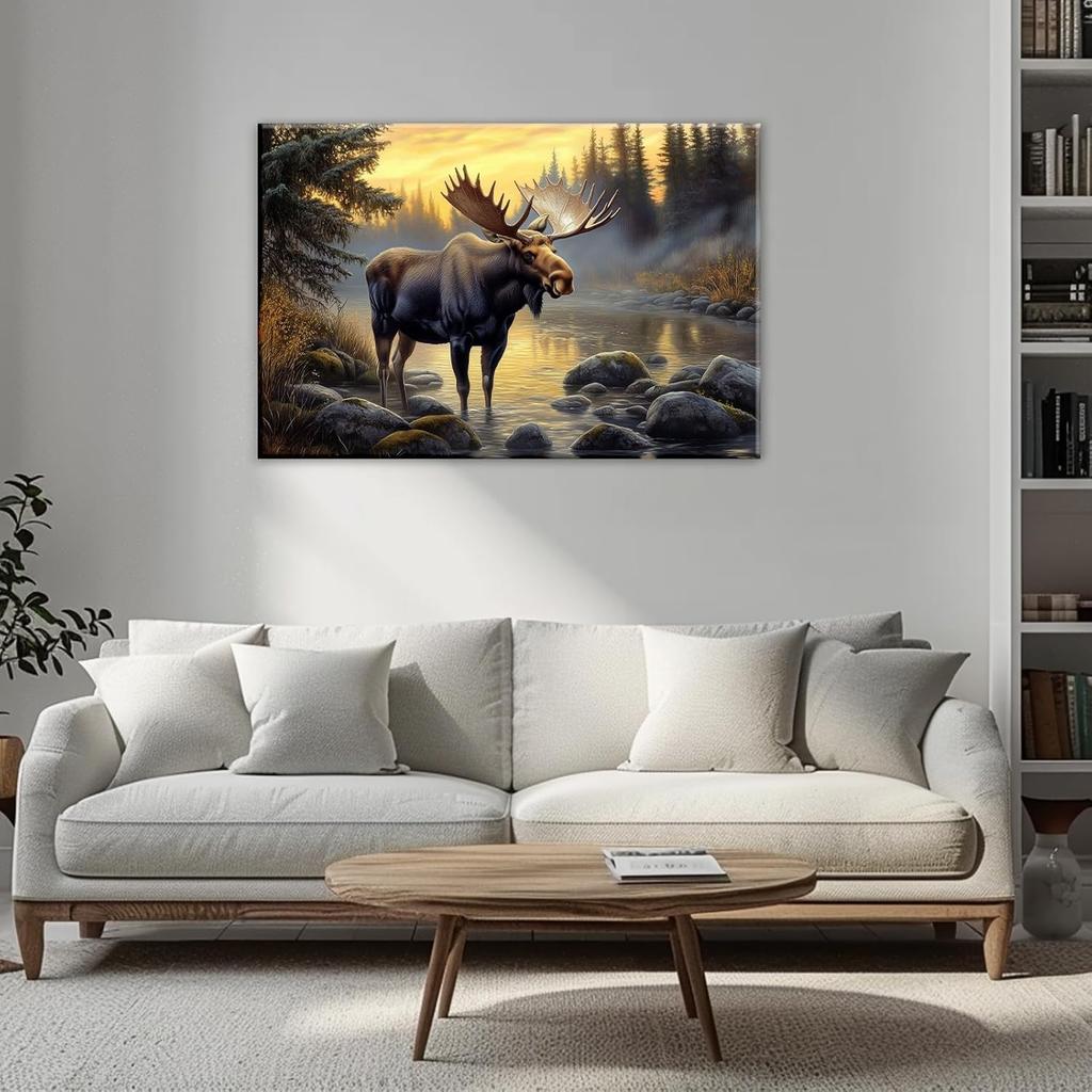 OAAPITI Moose Canvas Wall Art Vintage Wildlife Pictures Art Print Wilderness Forest Landscape Painting Modern Artwork For Bedroom Living Room Home