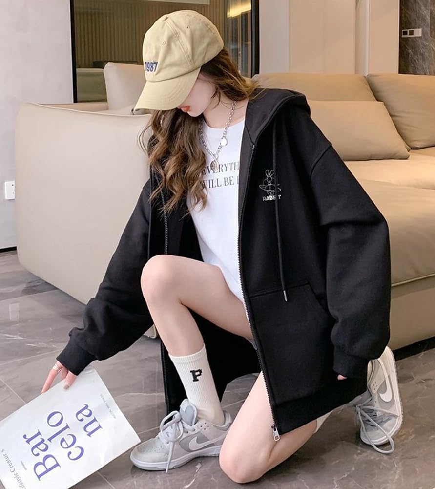 TASOGARA Long Zip Hoodie with Fleece Loose Plus Sizes Casual Wear Women's Lining, Fit, Available, Fall/Winter (JP, Alphabet, M, Black)