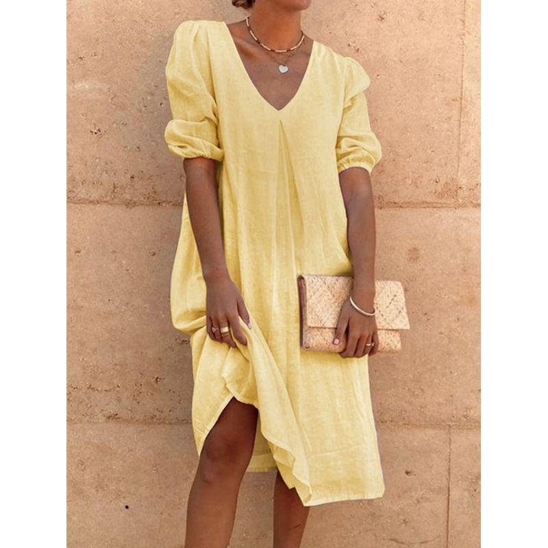 Solid Color V-neck Short Sleeve Dress Women Solid Color and V-neck Short Sleeve Dress
