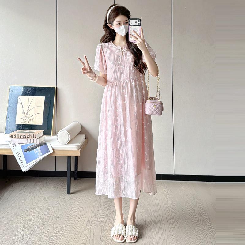 2026 Summer New Guofeng Maternity Dress - Plus Size, Sweet & Slimming Chinese Style 2XL