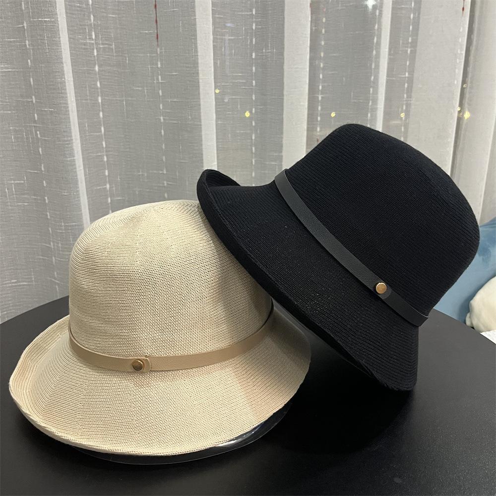 Hat Women's Spring and Autumn Sunscreen Sun Hat Elegant Fashion Leather Buckle Small Warped Edge Top Hat Showing Face Small Bucket Hat Basin Hat Tide