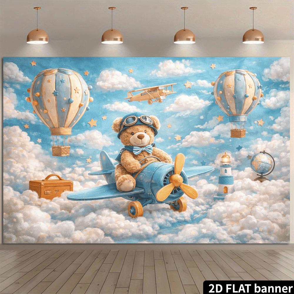 A cartoon airplane and hot air balloon against a sky background, with blue sky and white clouds as the backdrop