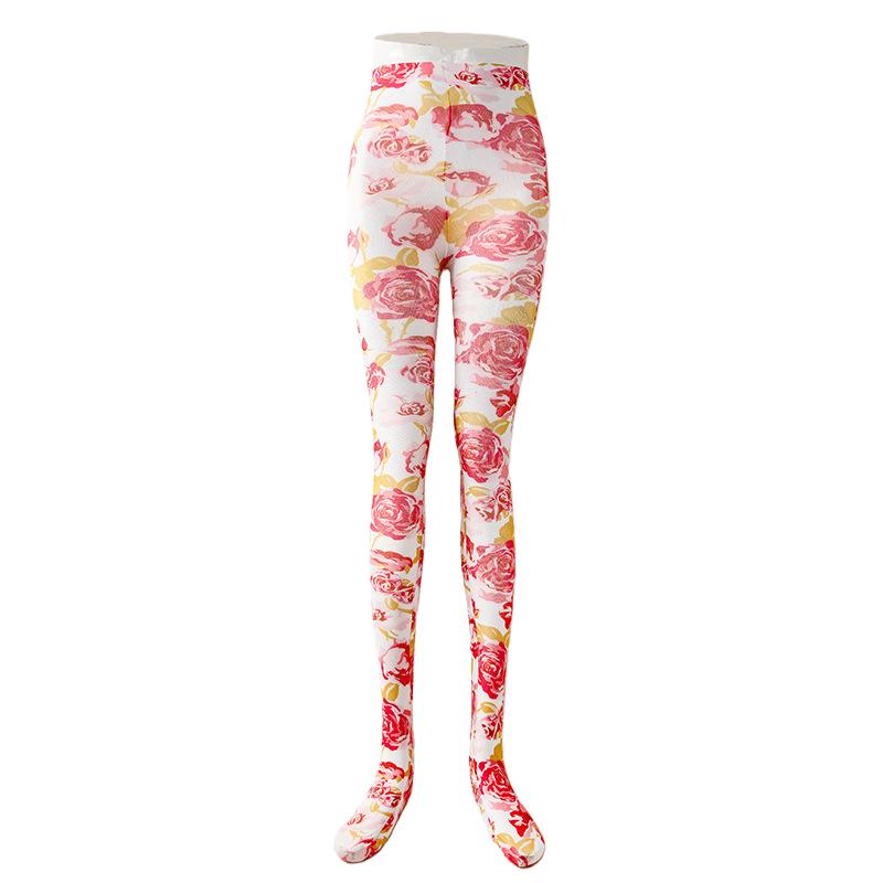 Bunt Schmetterling und Rose Aufdruck Blickdichte Strumpfhose für Damen Cosplay Y2K Mädchen Farbexplosion Dünne Strumpfhose Schick Retro Strümpfe Max 172cm 65kg white