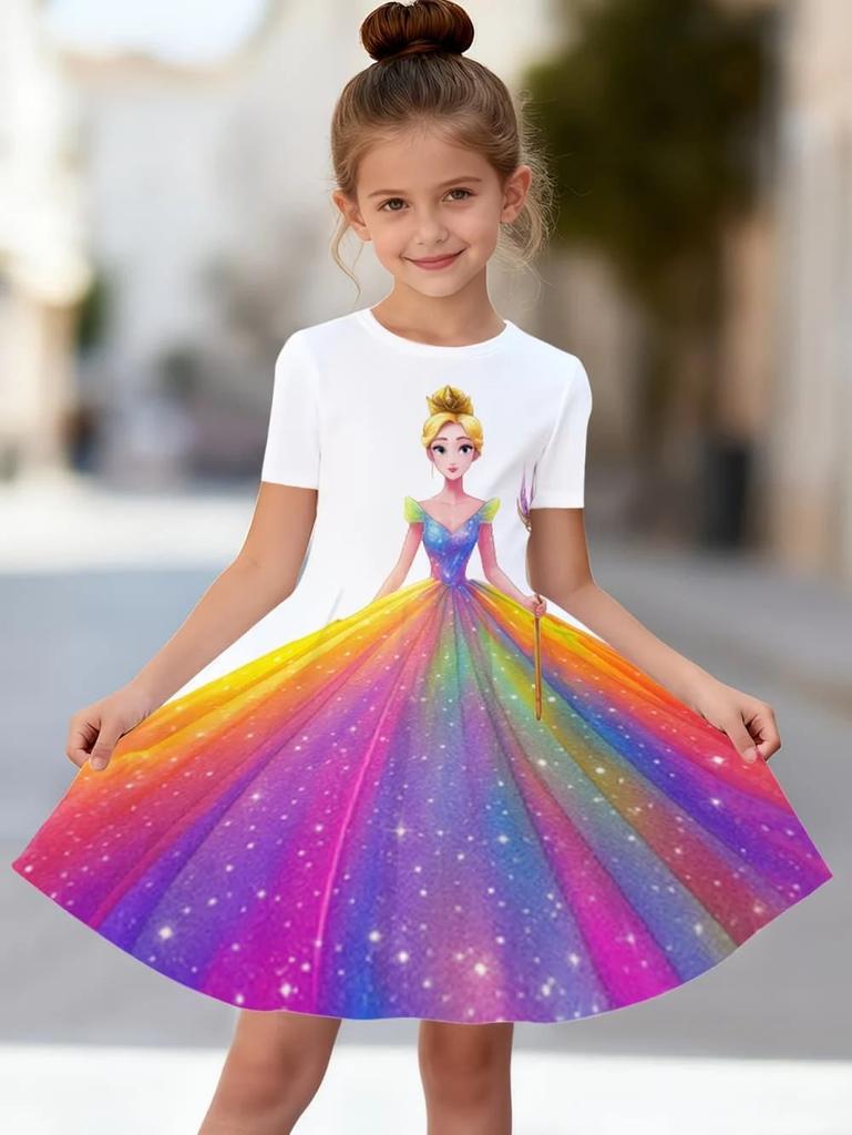 Toddler Girls Fantasy Cartoon Pattern Gown Summer Lightweight Short Sleeve Round Neck Dress Outdoor Holiday Birthday Elegant