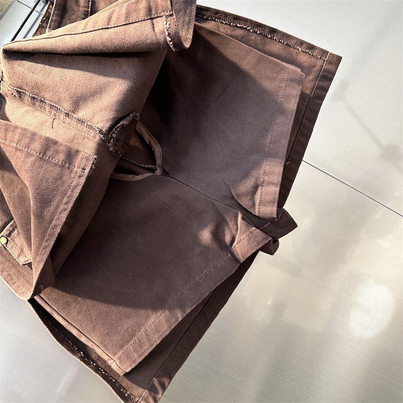 Autumn 2025 High-Waist Coffee Denim A-Line Skirt with Double Slits for Women