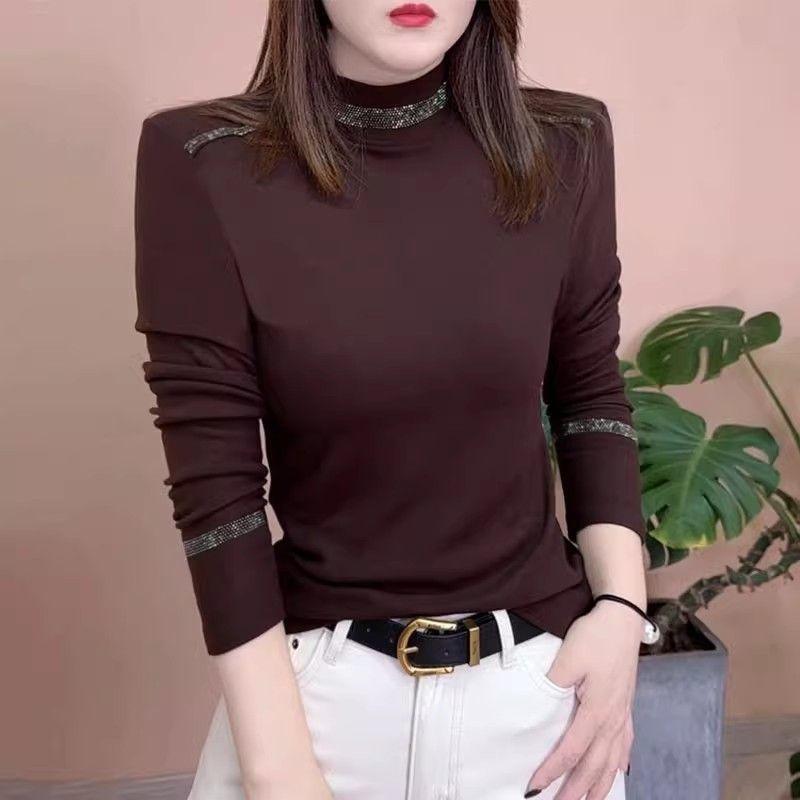Hot Diamond German Velvet Semi-turtleneck Long Sleeve Bottom Shirt Women's Autumn and Winter New Foreign Style Clothing
