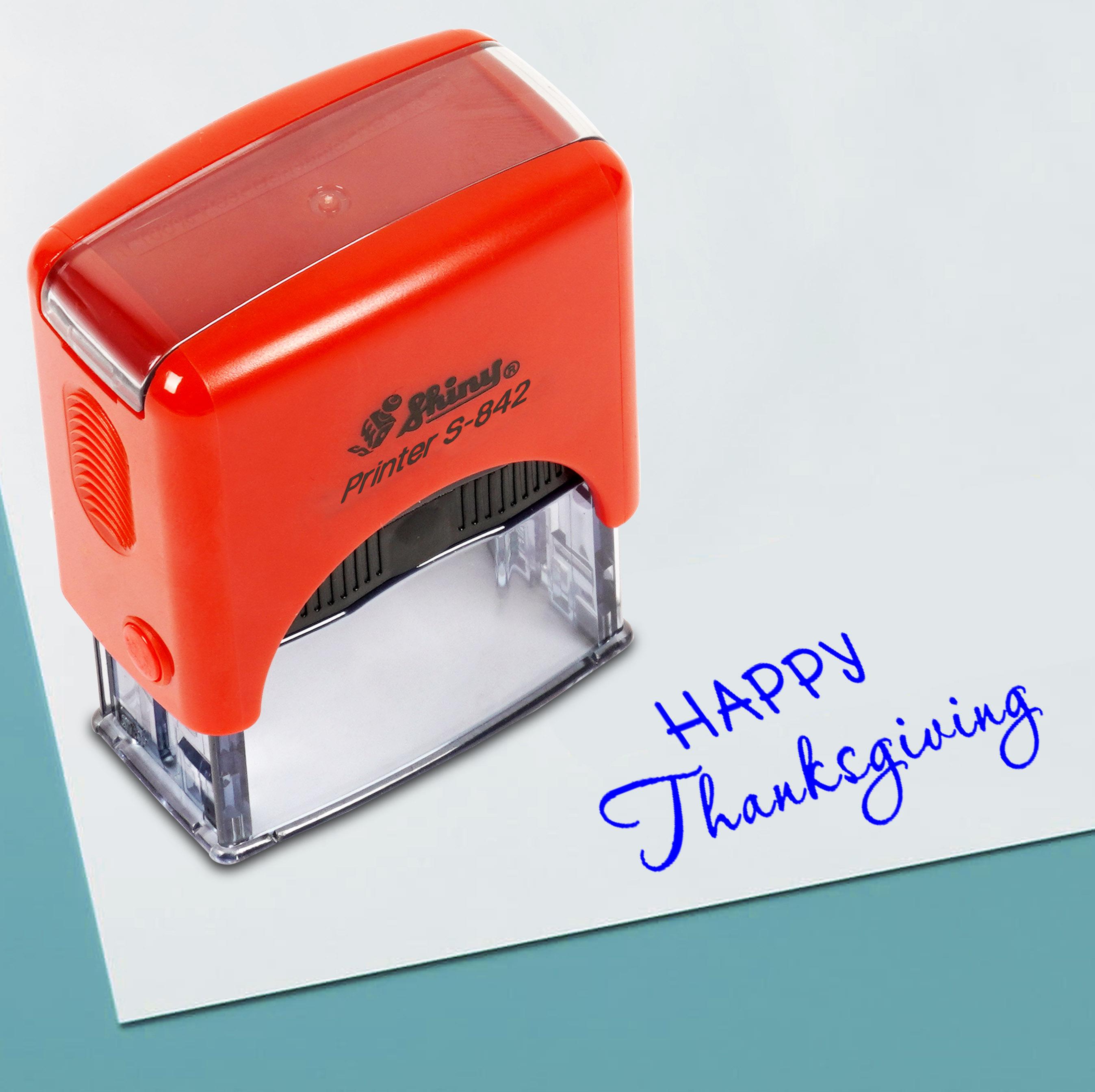 

Printtoo Happy Thanksgiving Self Inking Rubber Stamp Pre,Inked Office Stamp, Home Office Business Stationery, 38 x 14 mm, Blue-38 x 14 mm синій