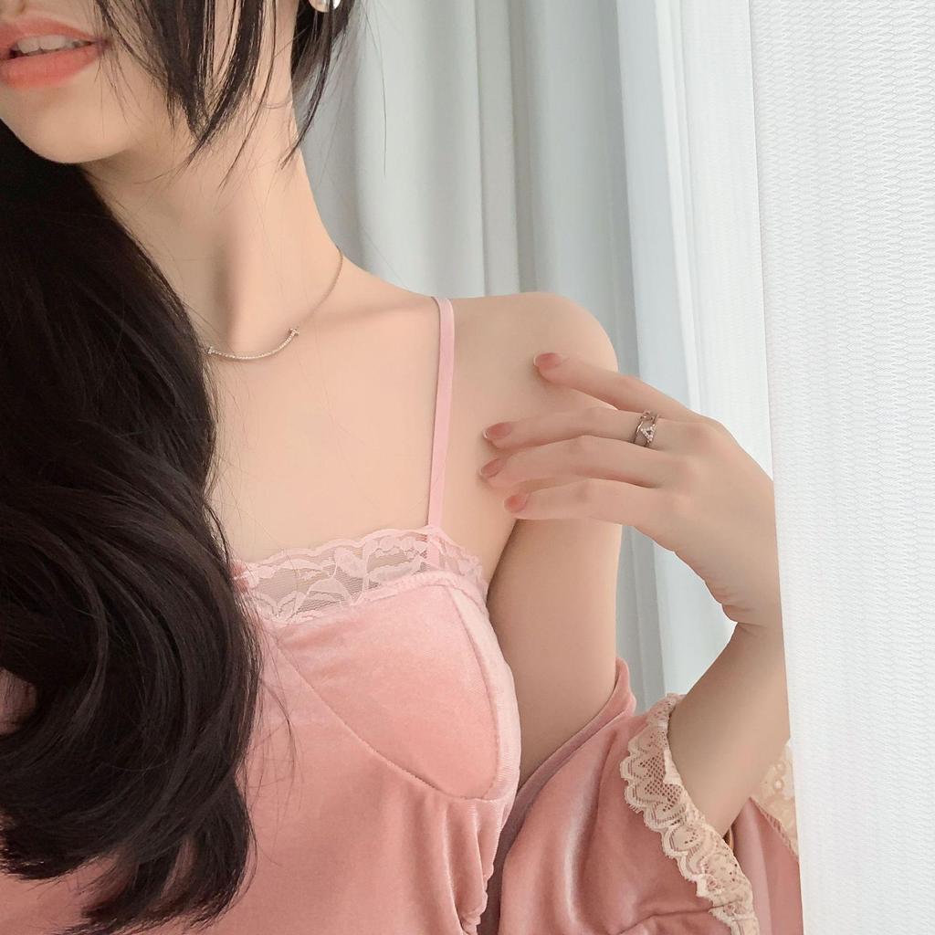 Women's 2025 Gold Velvet Pajama Set: Hollow Out Nightdress with Chest Pads & Camisole In Two-Piece Plus Velvet Style