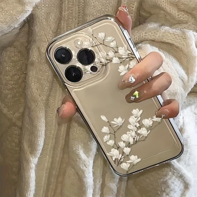 Magnolia pattern transparent phone case suitable for iPhone 17 16 15 14 13 12 11 Pro/Max/Plus anti drop and shockproof