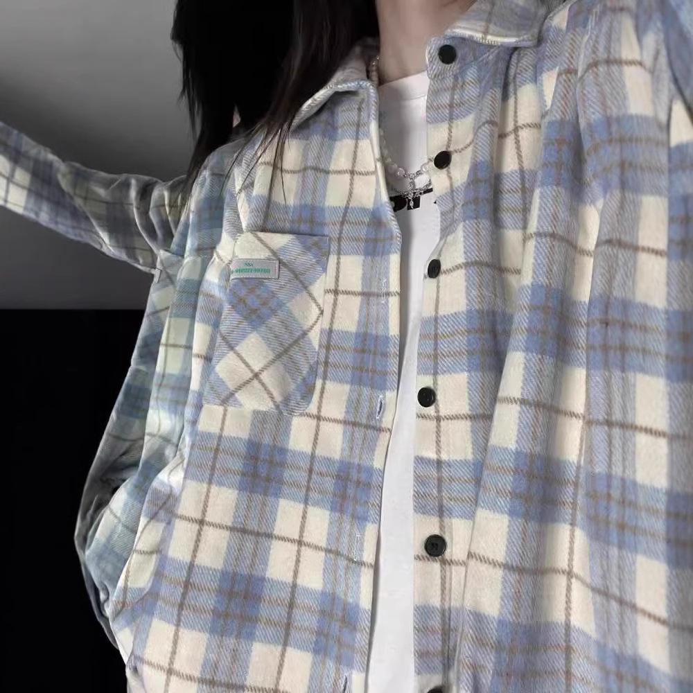 2025 Vintage Blue Long Sleeve Women's Cardigan Shirt for Spring and Autumn