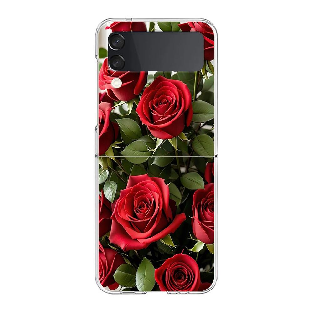 Beautiful Red Rose Flowers Phone Case For Samsung Galaxy Z Flip 3 4 5 Hard Folding Clear PC Bumper For Samsung Z Flip3 Cover