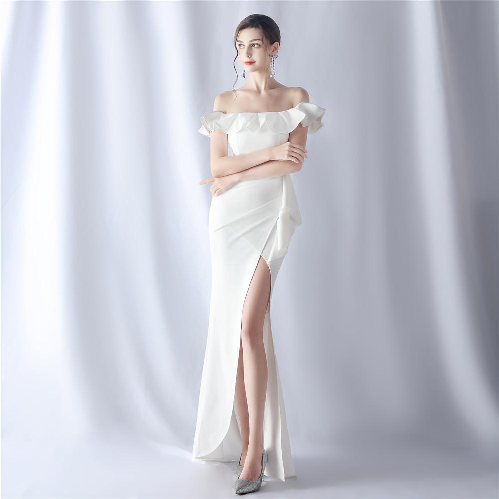 One-word Shoulder Burgundy Tube Top Banquet Evening Dress Dress High Texture Sexy High Split Harpoon Tail Dress Long