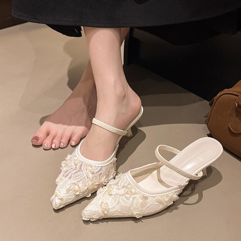 Fashion Brand Designer White Women Pumps Mesh Embroidered Flowers Back Strap Sexy Slingback High Heels Dress Wedding Shoes for Ladies