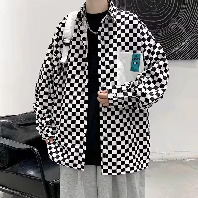Men's Retro Checkered Patchwork Jacket - Long-Sleeve, Loose-Fit, Lapel Style for Spring & Autumn