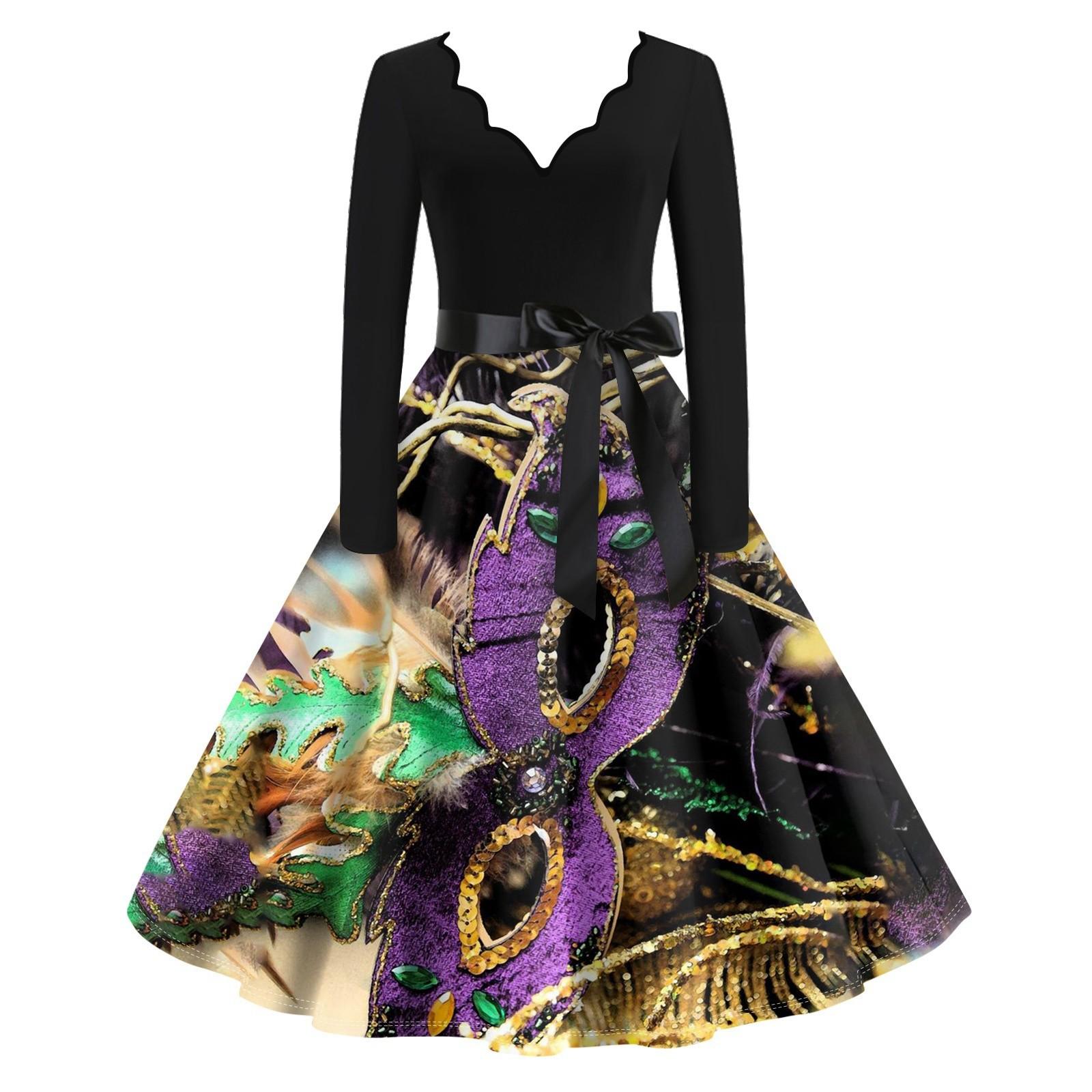 

Женское повседневное модное платье с V-образным вырезом и длинным рукавом с принтом в винтажном стиле L чёрный