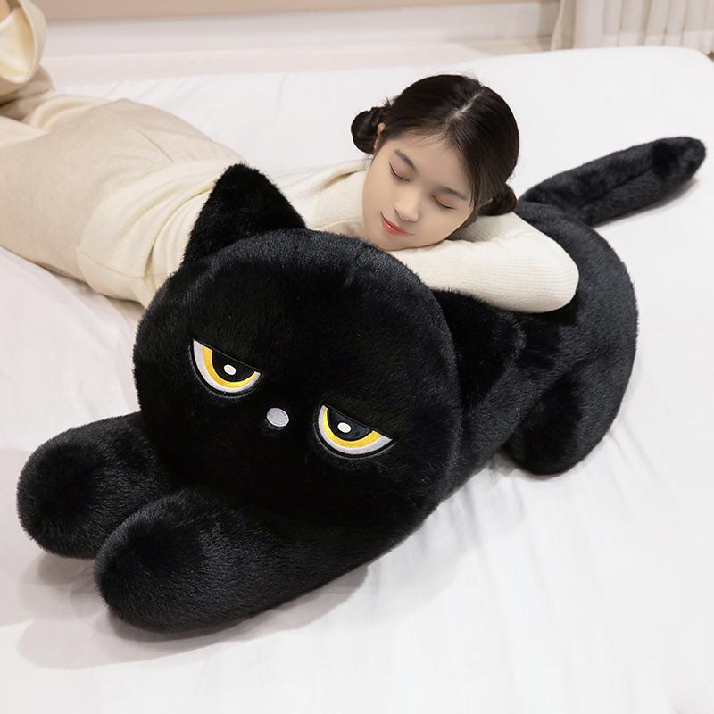 Black Cat Plush Pillow Soft Doll Stuffed Lying Cat Cushion Cute Sleeping Cat Design Lovely Birthday Gift Idea for Cat Lovers