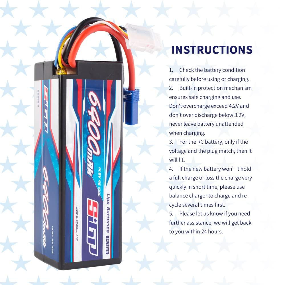 SIGP 4S 14.8V 6400mAh LiPo 100C EC5 Plug Hard Pack Battery for RC Drones, RC Trucks, RC Truggys, RC Models, FPV Racing, Two Packages