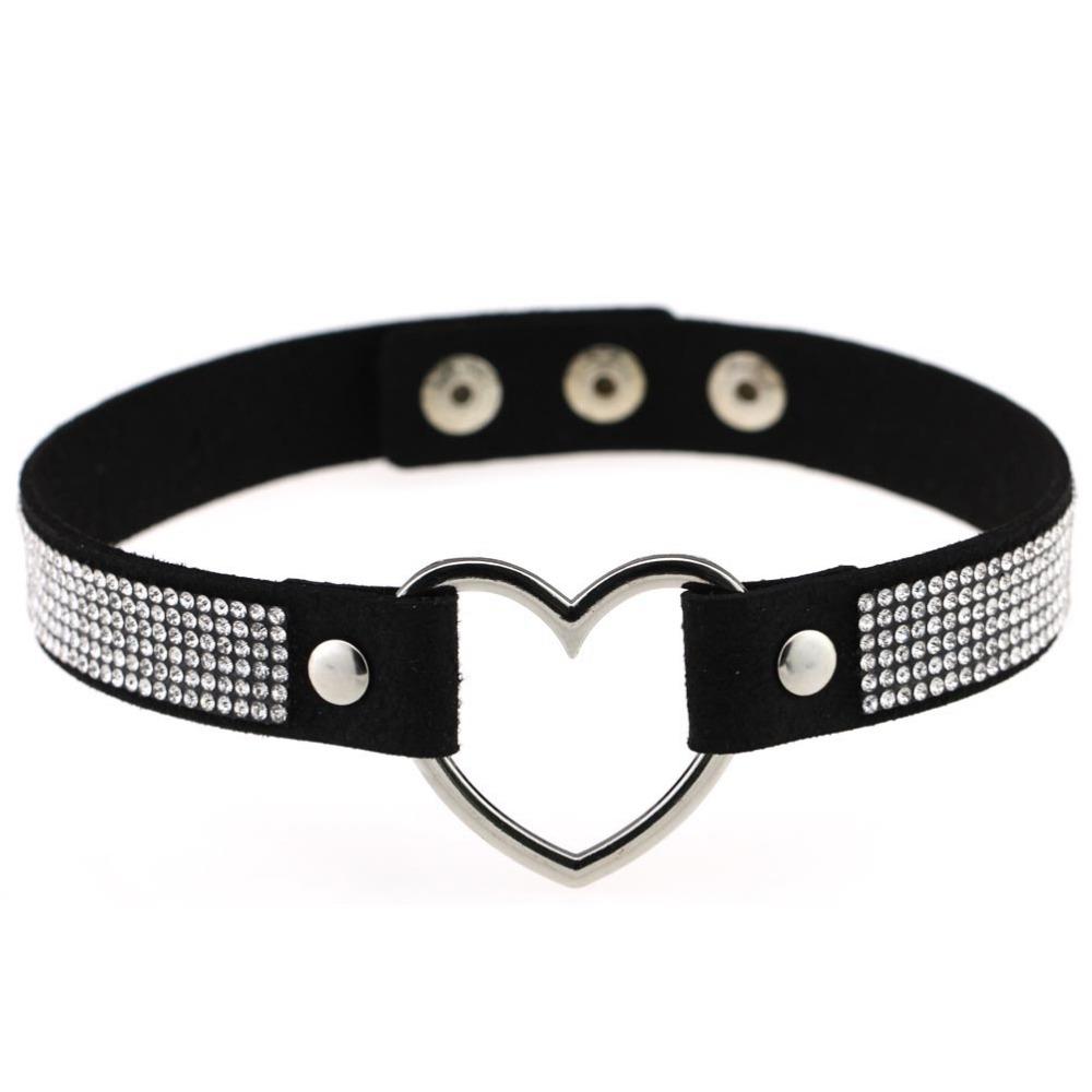 Black Leather Heart Rhinestone Choker Necklace Women Crystal Choker  Statement Chocker Collar Fashion Jewellery