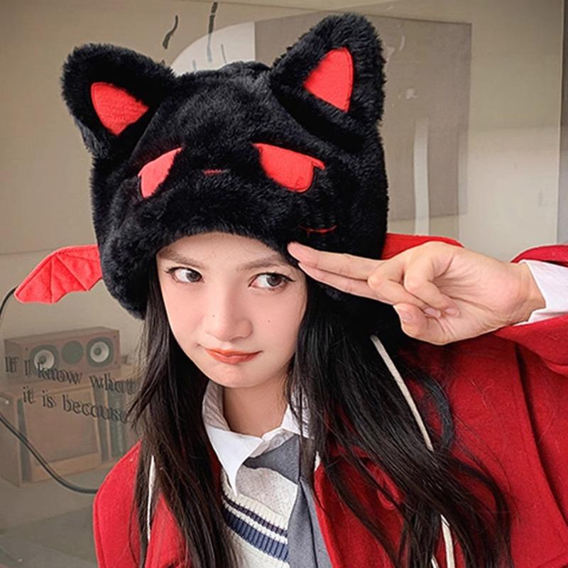 Internet Celebrity Cute Cat Ear Hat Embroidered Plush Little Devil Women's Season Outdoor Cold and Warm Ear Cover Hat