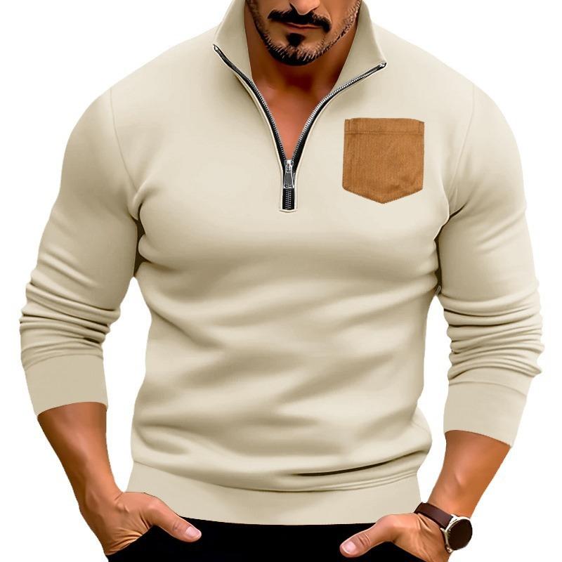 New Casual Men's Half-Zip Stand Collar Patch Pocket Thick Hooded Sweatshirt Oversized Top