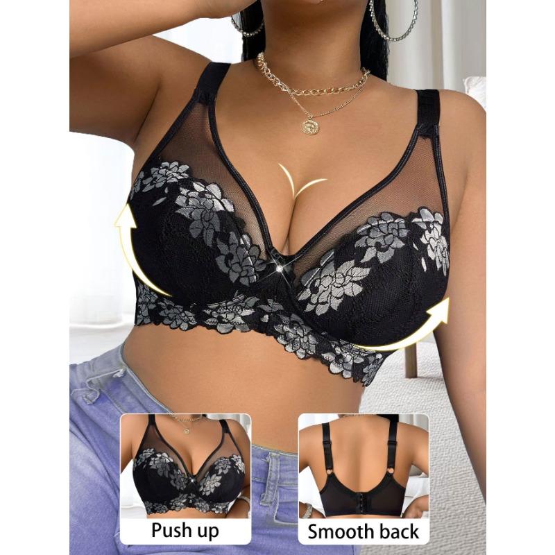 Plus Size Ultra Thin Lace Embroidery Women Bra With Non Removable Chest Pad