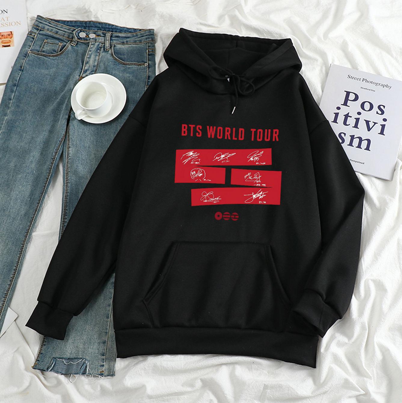 BTS WELTTourNEE Signatur Aufdruck Kapuzenpullover Fan Support Lockerer Hoodie Gleiche Trendige Marke L schwarz
