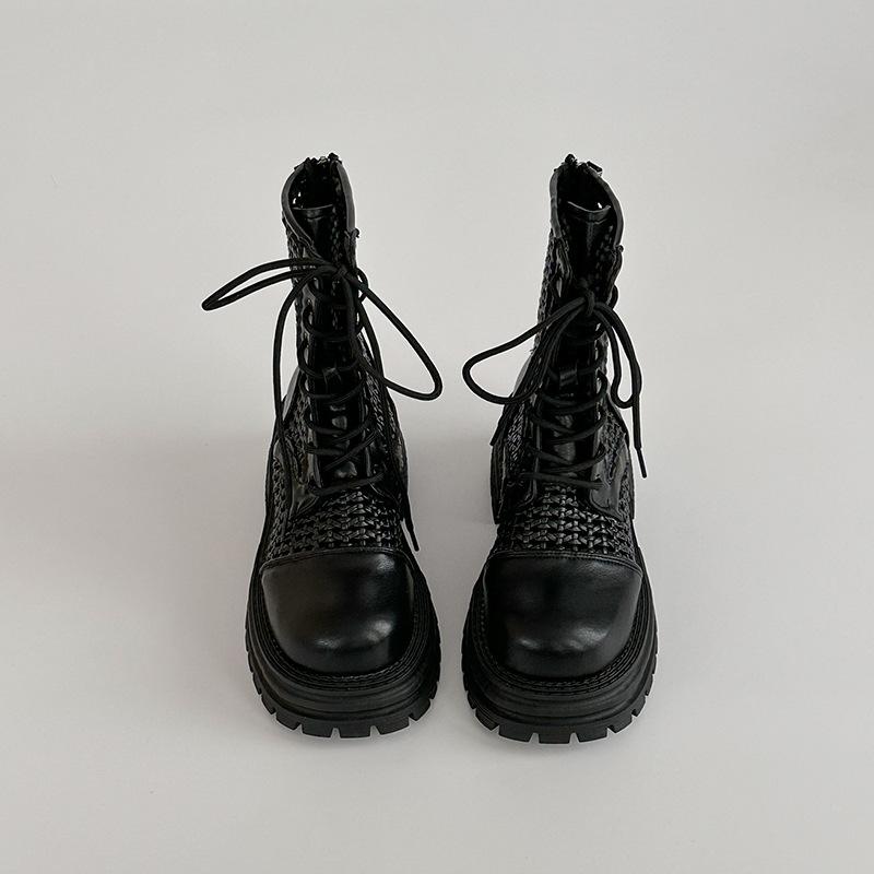 

Fashion woven short boots Hollow breathable Martin boots women s summer design retro British style small thick-soled cool boots 40 чёрный