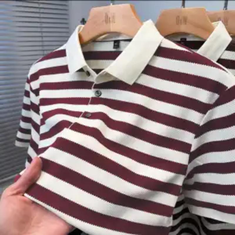 Men's Green White Striped Polo Shirt Short Sleeve Casual Top