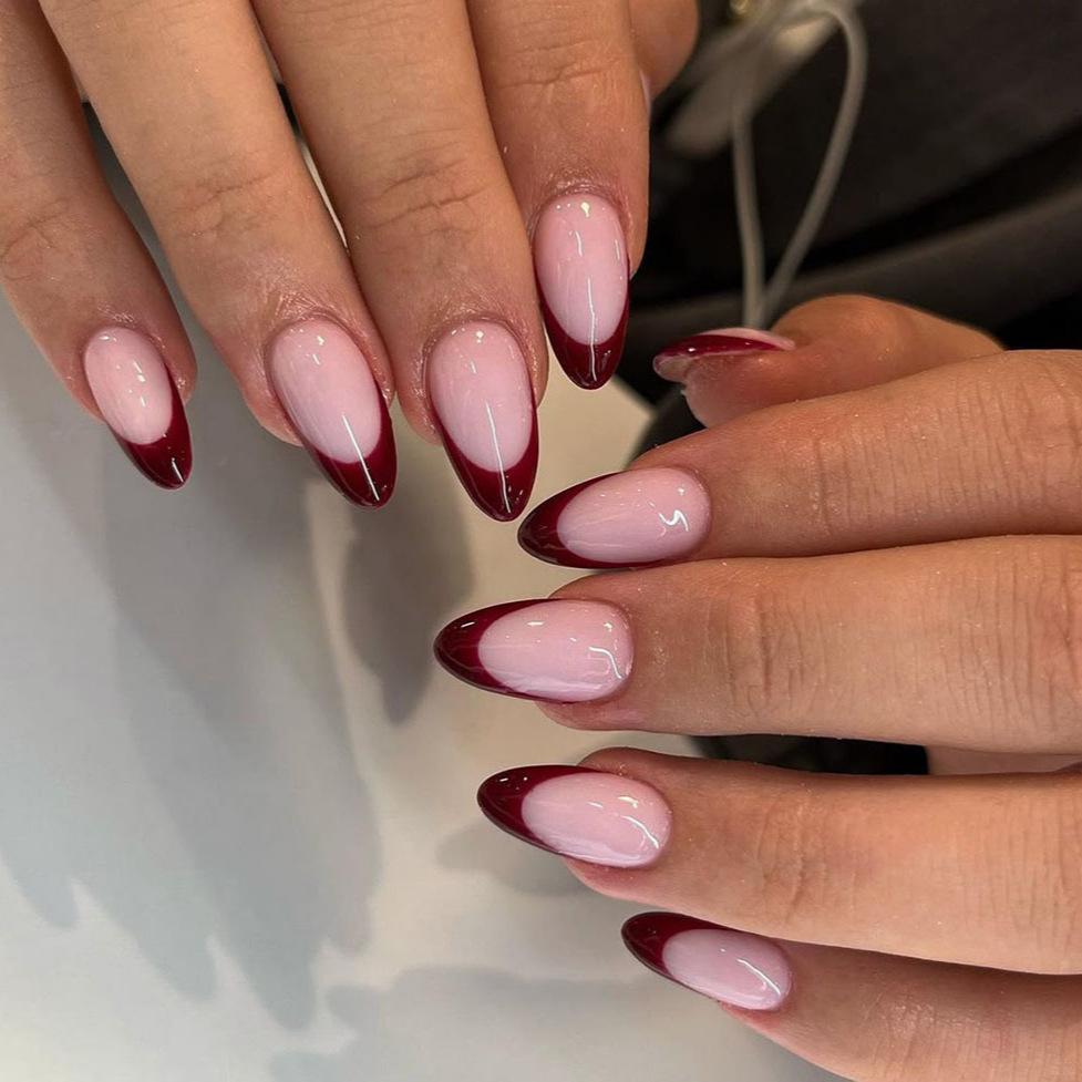 

Wine Red Almond French Manicure Detachable Wearable Fake Nails