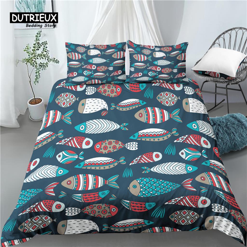 Comforter Luxury 3D Color Fish Print Home Living 2/3Pcs Comfortable Kids Bedding Set Queen And King Eu/Us/Au Size