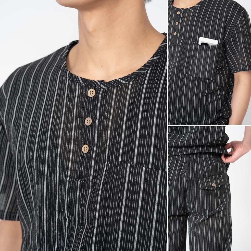 Morioru Shijira Weave Jinbei pro velikost Černé pruhy Délka Léto Pánské, 4L, [Henley tričko, 3/4 kalhoty, 100% bavlna, Pánské domácí oblečení, Dárek]