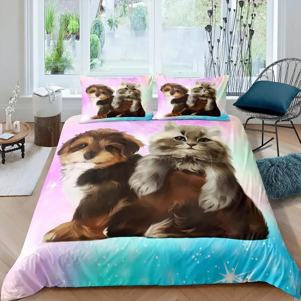 Cat and Dog Duvet Cover Set Pug Bedding Set Kawaii Puppy Animal Comforter Cover Valentine's Day Love Heart Wedding Quilt Cover