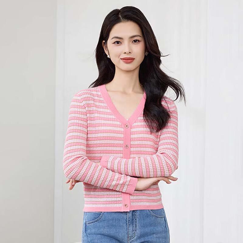 

JESSIE Полосатый трикотажный свитер с V-образным вырезом и длинными рукавами L